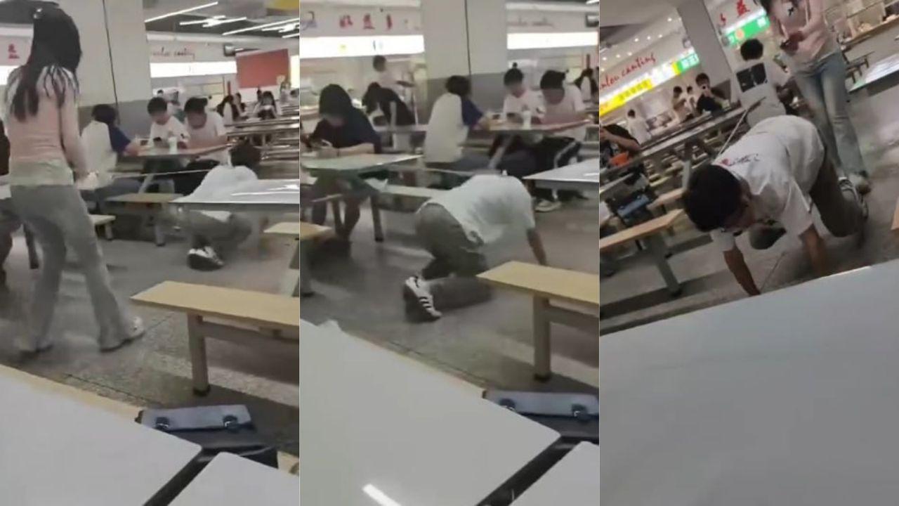 大学食堂瓦学弟当狗视频流出！粉衣女主调教牵引！翘臀骚姿炸爆全网！