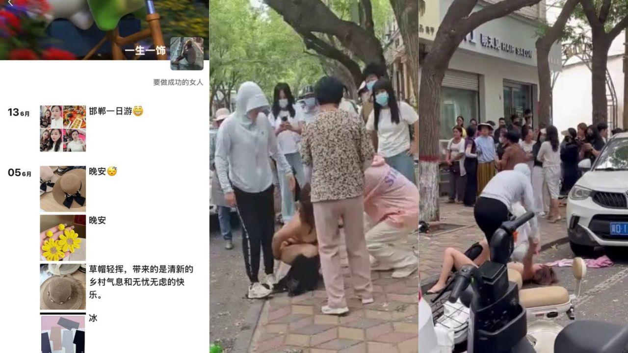 河北省邯郸市鸡泽县 一生一饰骚货老板娘当小三 结果被原配上门当街扒光衣服！