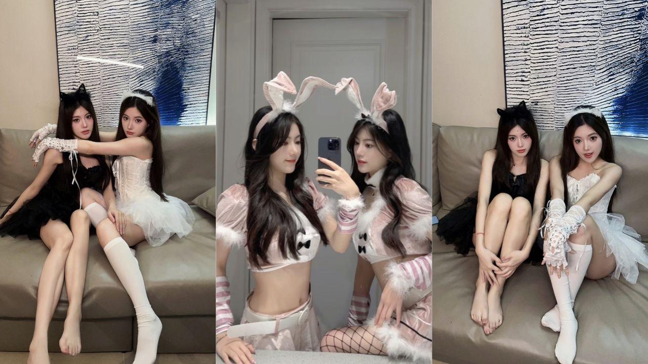 高颜值双胞胎姐妹花 被金主约到酒店 黑丝白丝同时足交 双头龙调教嫩逼 简直双飞盛宴 ！