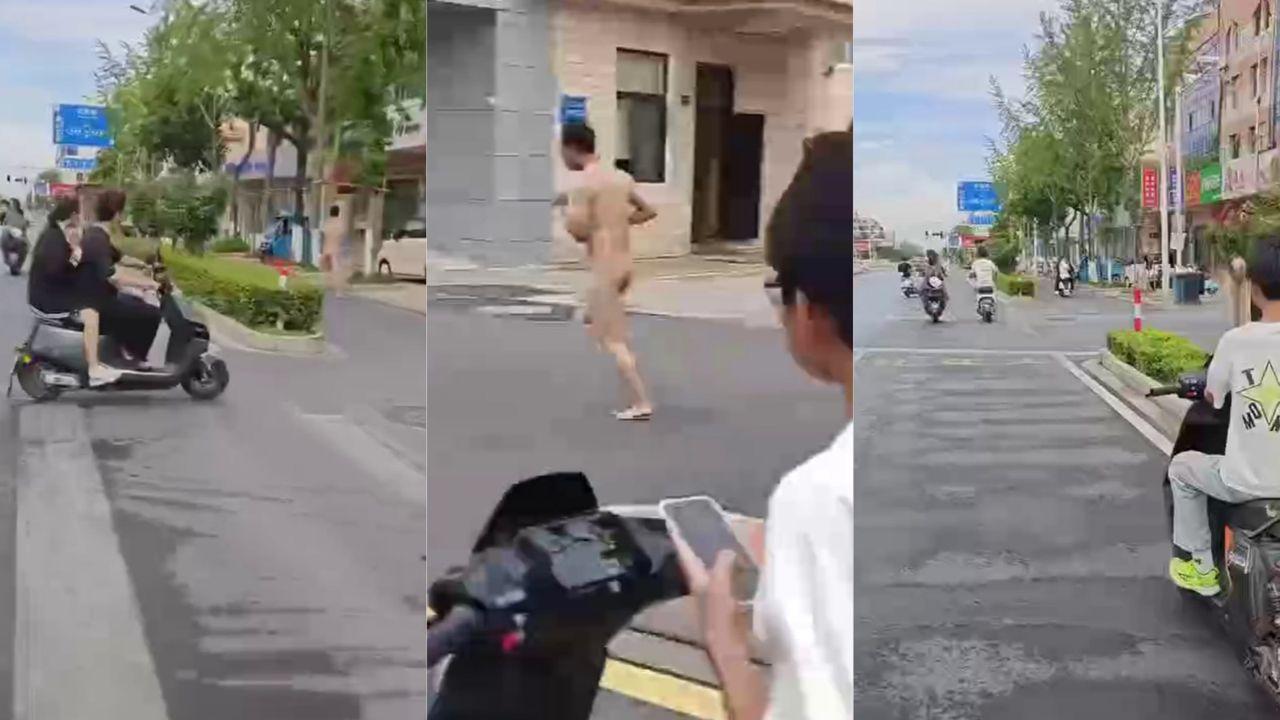 男子大街全裸出行 人行道激情狂奔 路人围观拍摄 主人任务还是纯属放飞？