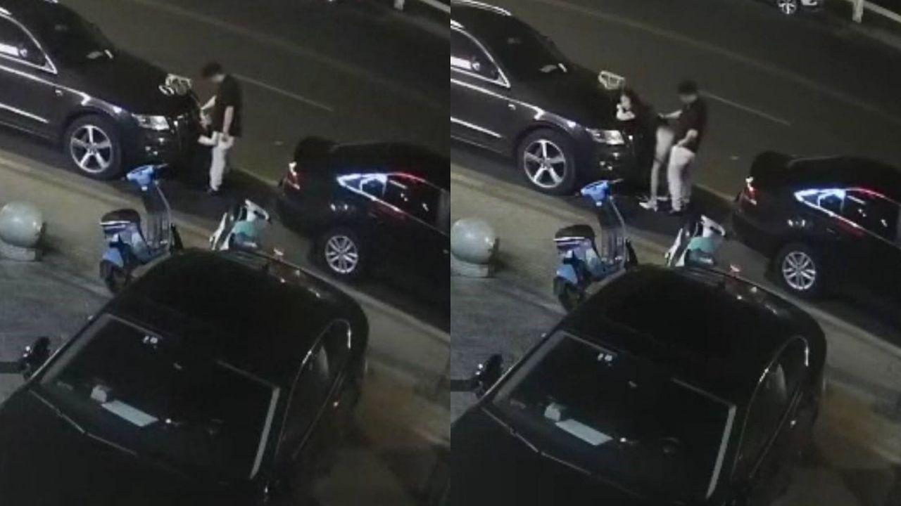 男女大街做爱 天气炎热给马路当成露天大床房了 趴在汽车上直接后入开干！