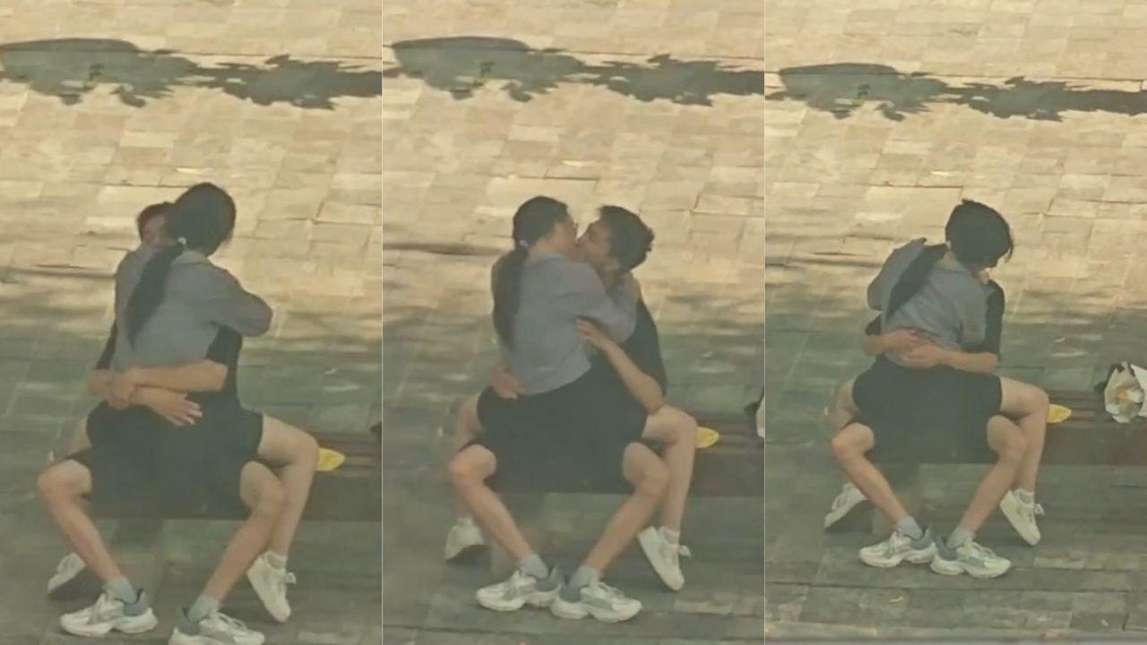 小情侣长椅上亲密 男方揉胸抠逼大胆操作 没钱开房引爆全网吃瓜！