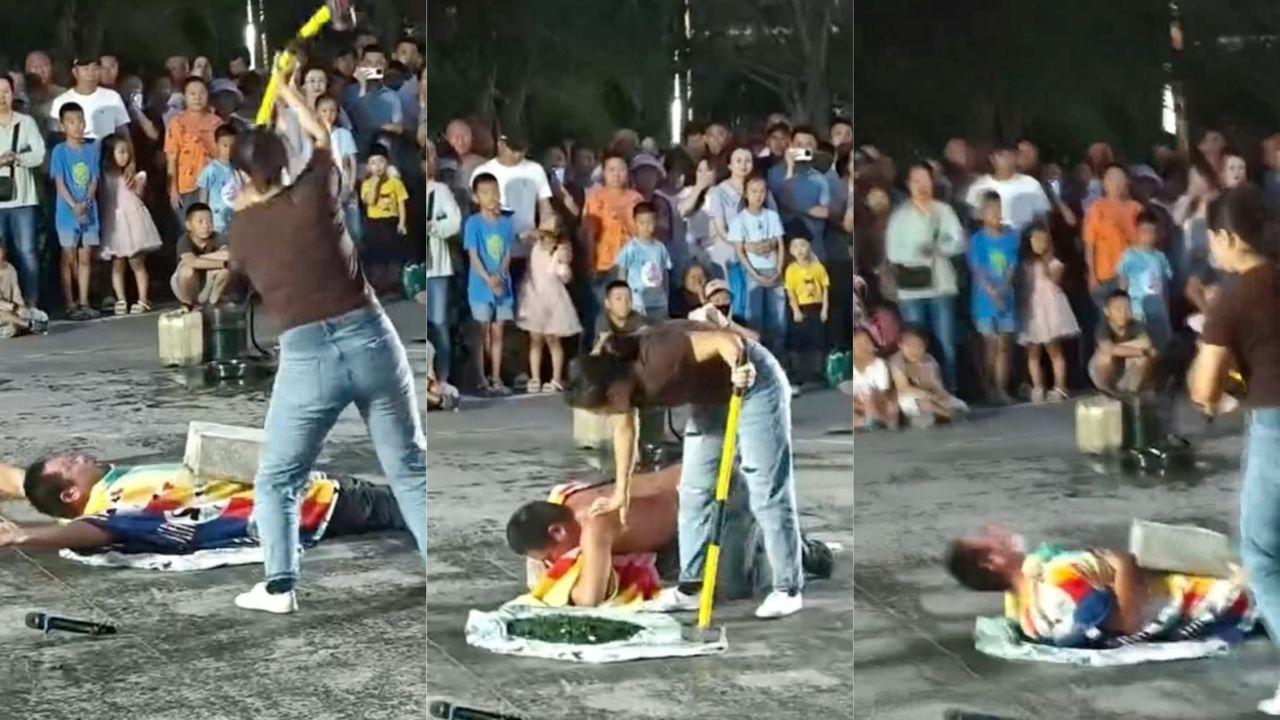 街头表演壮汉胸口碎大石翻车酿惨剧！巨石压胸血溅当场，肋骨断裂声惊全场！老婆痛哭崩溃尖叫！