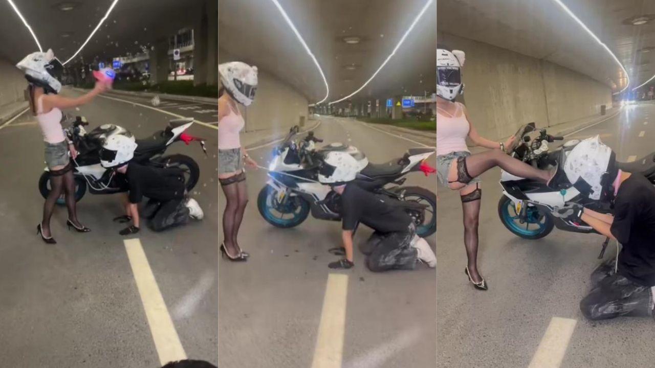 春风车主与性感女骑 街头互调视频流出 牵狗链下跪爬行引发全网热议 摩友们一觉睡醒天都塌了！